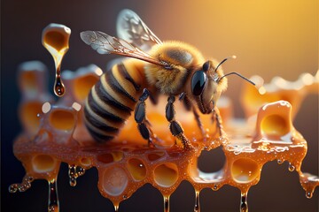 bee in a beehive on honeycomb eating honey from flowers, generative by AI