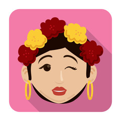 Flat button with Barranquilla's Carnival woman winking at you, Vector illustration