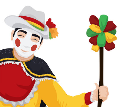 Garabato character holding a wand with ribbons for Barranquilla's Carnival, Vector illustration