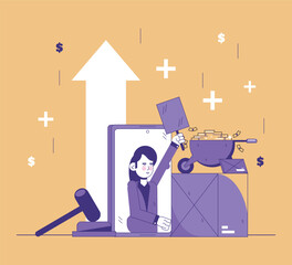 Woman bidding onlines auction concept