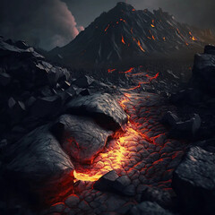 Volcano in dark raggedy terrain