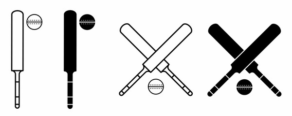 crossed cricket bat and ball icon set isolated on white background
