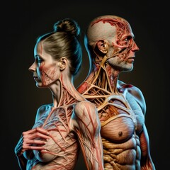 anatomy couple contemporary dance, shake bones, skull, muscles, veins, love, medicine, artistic, human body, GENERATIVE AI