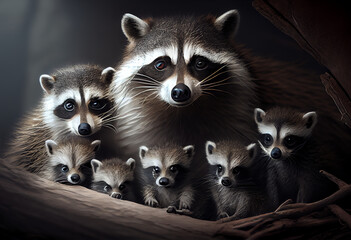 Obraz premium portrait of a raccoon family, generative ai