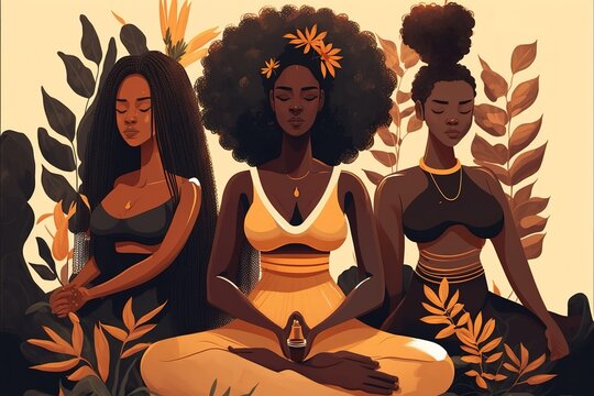 Three African American women meditating. Wellness and spirituality concept. Generative AI illustration