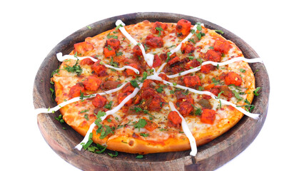 Delicious pizza served on wooden plate isolated on white