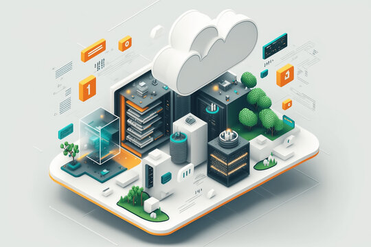 Isometric image of cloud computer technology in white background made with Generative AI