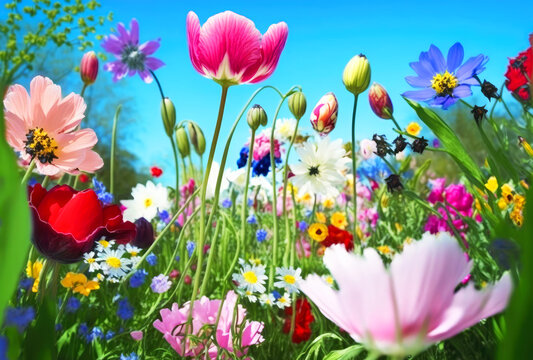 Beautiful flower field. Spring flowers natural landscape, close up. Generative AI
