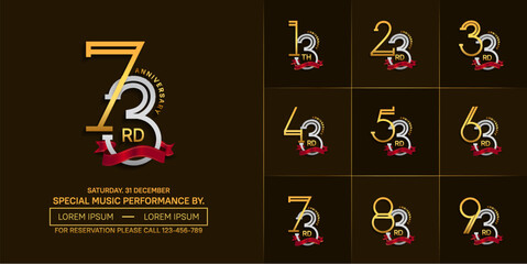 set of anniversary silver and golden color with red ribbon for special celebration event