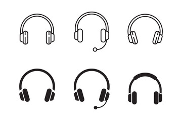 Set of headphone icons in a simple black design isolated on white background