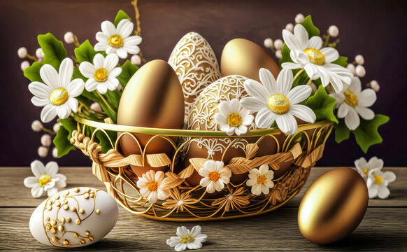 Happy easter, Golden easter eggs and white flowers in a golden basket on wooden table. Ai generate image