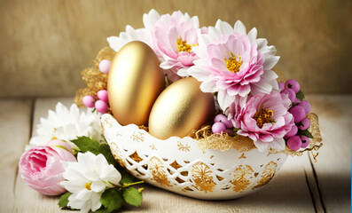Obraz na płótnie Canvas Happy easter, golden easter eggs in white basket with pink flowers. Generative AI