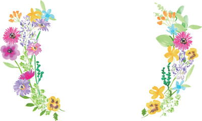 水彩画。水彩タッチのガーベラの花びらとカラフル植物ベクターフレーム。水彩の植物ベクター背景。Watercolor painting. Colorful plant vector frame with gerbera petals with watercolor touch. Watercolor plant vector background.