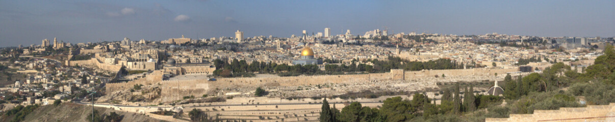 .Jerusalem in Israel with view from the Mount of Olives to the Dome of the Rock and Hebrew Cemetery