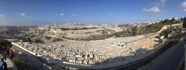 .Jerusalem in Israel with view from the Mount of Olives to the Dome of the Rock and Hebrew Cemetery