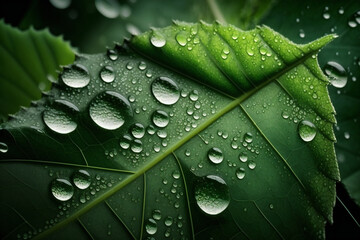 Close up of leaf with morning dew, fresh green background, generative ai
