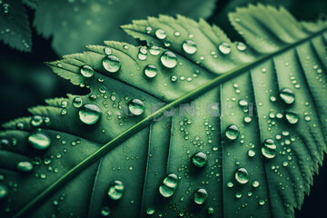 Close up of leaf with morning dew, fresh green background, generative ai