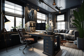 Luxury workspace office industrial space modern interior classy furniture good taste office industrial loft generative ai