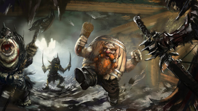 A furious red-bearded dwarf in a wooden barrel with a hammer and brass knuckles in his hands attacks goblins and orcs in a cave. Digital drawing style, 2D illustration