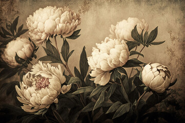 Vintage peony illustration, antique rustic floral art peonies for background, wallpaper, design 