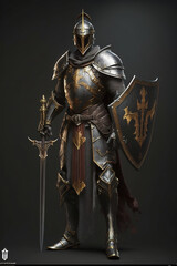 full length portrait of a soldier in medieval armor with sword and shield