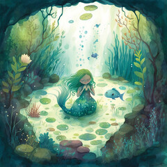 A mermaid in a pond in an enchanted ocean, with a gentle smile
