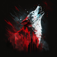 Lone Wolf Howling with red, black and white colors
