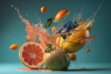 Hyper realistic floating fruits with water splash on pastel color background. Created with Generative Ai technology