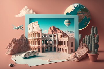 Stunning realistic travel around the world concept on pastel color background. Created with Generative Ai