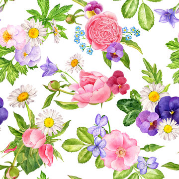 watercolor drawing seamless pattern with wild flowers , pink dog roses, peonies, bells, violets and daisies, hand drawn illustration