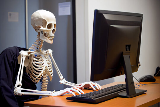 Skeleton working at desktop computer in office, generative art