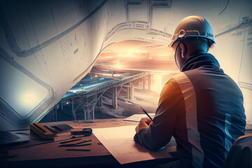 Architect at work looking at plans for big construction project, generative art