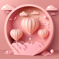 Pink background with balloons, hearts and clouds