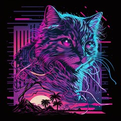 Shirt Design Synthwave, Cat with Vivid Colors and Detailed Design 1. Generative AI.