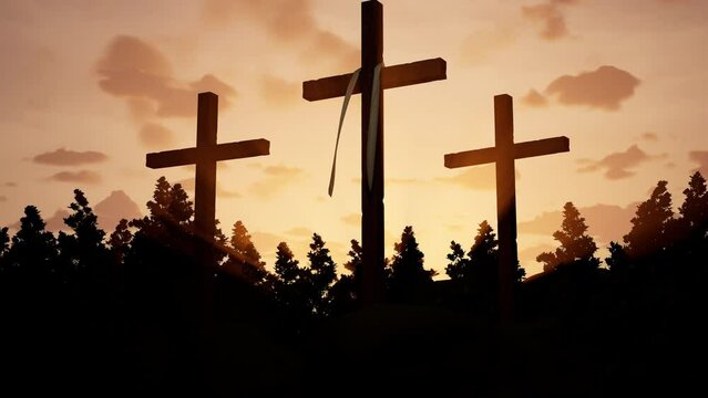 Sacred religious crosses with rays of sun at jerusalem, easter celebration, resurrection of jesus christ. Holy symbolic crucifix for christianity, sacrifice and pray for god. 3d render animation.