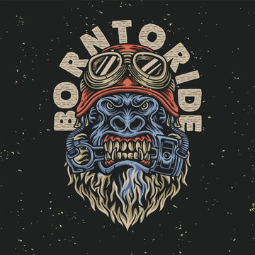 vector illustration born to ride with gorilla for t shirt design