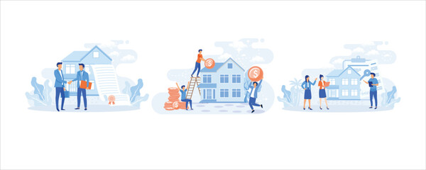 Mortgage process illustration set. Characters buying property with mortgage, receiving bank approval, signing contact and legal documents.set flat vector illustration