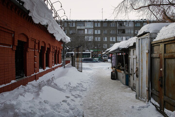 One of the city streets. Cityscape. Urban Landscape. Dark, grunge winter. Ust-Kamenogorsk (kazakhstan)