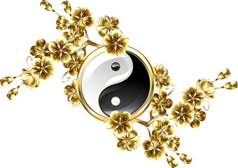 Yin yang symbol with golden sakura © Nelli Valova