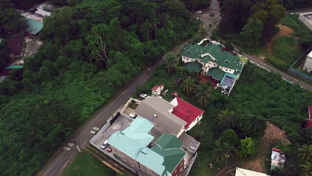 Drone shot over buildings, residential and tourist accommodation