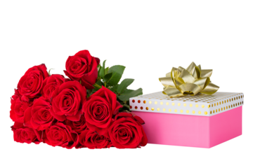 Red roses and gift box. Present on birthday, valentine's day, wedding. I Love You. Bouquet of red flowers. Celebrate anniversary. Romance feelings. Good for greeting card. Isolated background. 