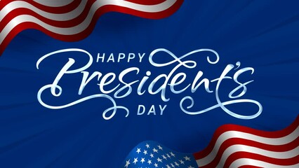 Happy President Day Greeting animation text, lettering motion with united states of America waving flag and blue background