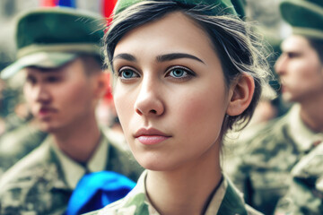 caucasian armed force member woman posing looking away in a military event. This image was created with generative AI