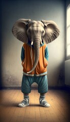 Cool, Cute and Adorable Humanoid Elephant in Stylish Sportswear: A Unique Athletic Animal in Action with Comfortable Activewear and Gym Clothes like Men, Women, and Kids (generative AI)