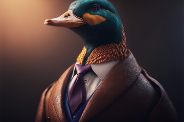 duck animal in suit, isolated, business, personality type, animal types created with generative ai technology - obrazy, fototapety, plakaty