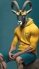 Cool, Cute and Adorable Humanoid Ibex in Stylish Sportswear: A Unique Athletic Animal in Action with Comfortable Activewear and Gym Clothes like Men, Women, and Kids (generative AI)