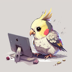 Cute cockatiel bird on laptop