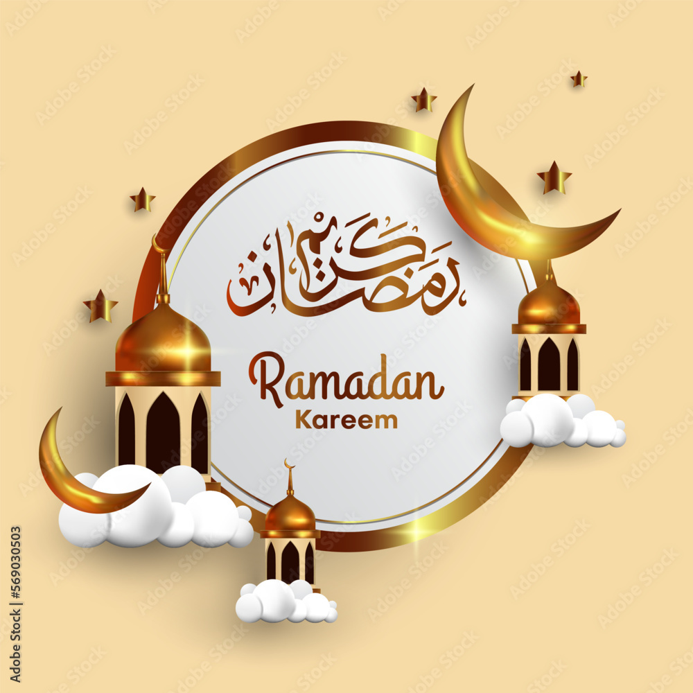 Sticker Golden 3D Ramadan Kareem background with Moon, Stars, Dome, cloud and Arabic calligraphy. islamic vector illustration