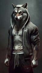 Fototapeta na wymiar Cool, Cute and Adorable Humanoid Wolf in Stylish Sportswear: A Unique Athletic Animal in Action with Comfortable Activewear and Gym Clothes like Men, Women, and Kids (generative AI)