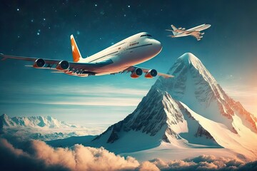 Commercial Airplanes Traveling at High Height, Over the Clouds and Mountains, at the top of the atmosphere, giving a great experiencia to passengers, showing also a beautiful aerial view,generative ai